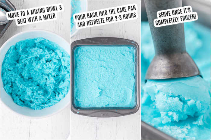 3 pictures of making ice cream: move ice cream mixture to a bowl and beat and pour back into cake pan and freeze. 