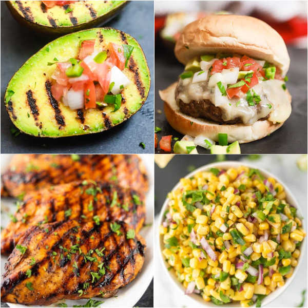 A grilled avocado, a grilled taco burger, grilled chicken and a grilled corn salsa 