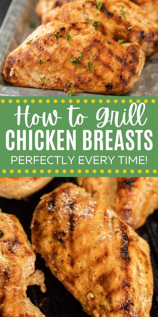 We have the best tips to learn how to grill chicken breasts perfectly every time. Try these tips for moist and tender grilled chicken on a gas grill every time! Plus check out the best grilled chicken marinade recipe with just a few ingredients that makes the best moist chicken breasts! #eatingonadime #chickenrecipes #grillingrecipes 

