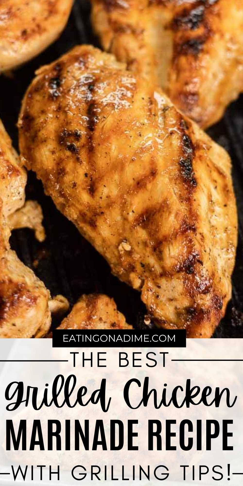 Check out the best grilled chicken marinade recipe with just a few ingredients that makes the best moist chicken breasts! Plus all the best grilling tips for the best grilled chicken breasts every time. #eatingonadime #chickenrecipes #grillingrecipes 
