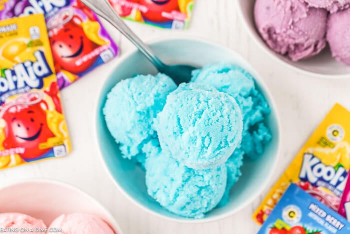 photo of blue raspberry ice cream in bowl