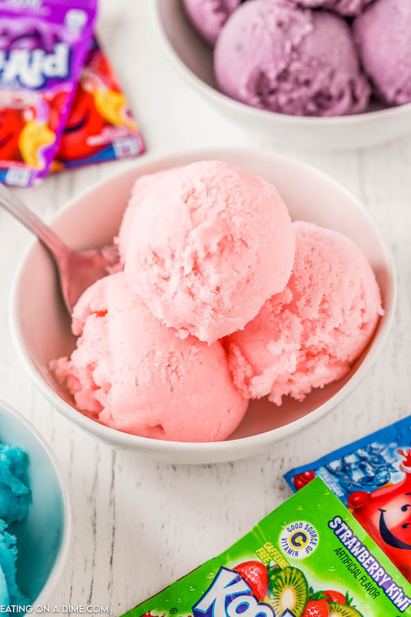 strawberry kool aid ice cream in a bowl