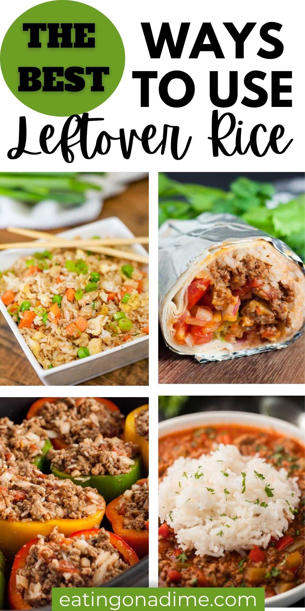 Check out our favorite ways to use leftover rice.  These are easy recipes that you can use leftover rice in.  You are going to love them.  Don’t waste leftover rice any more! #eatingonadime #leftoverrice #ricerecipes 
