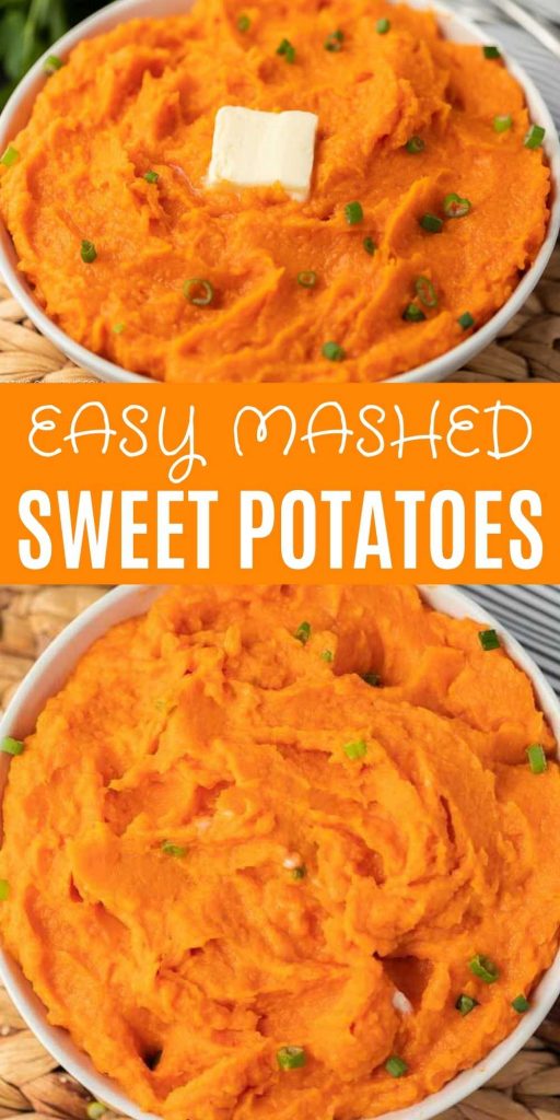 Needing an easy side dish recipe? Try this homemade mashed sweet potatoes recipe! These mashed sweet potatoes are savory, fluffy and healthy too!  These are the best ever mashed sweet potatoes.  #eatingonadime #sidedishrecipes #sweetpotatorecipes 
