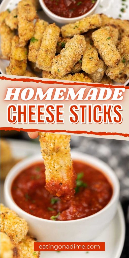These Homemade Mozzarella Cheese Sticks are so easy to make in the oven and taste just like the Homemade Mozzarella Cheese Sticks you can buy at restaurants. Learn how to make gooey cheese sticks with string cheese and with just 6 ingredients! #eatingonadime #cheesestickrecipes #mozzarellasticks #easyrecipes 
