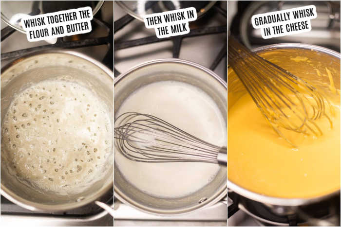 3 photos- First picture: whisk together the flour and butter. Second picture: whisk in the milk. Third picture: gradually whisk in the cheese.