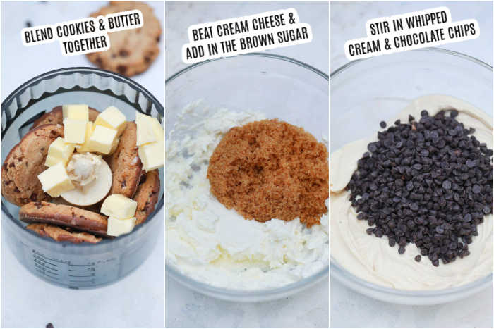 3 photos showing how to make this recipe.  1st one shows the cookies and butter being blended together in a food processor.  The 2nd photos shows the brown sugar being mixed into the whipped cream cheese.  The 3rd photo shows the chocolate chips and whipping cream being mixed into the cream cheese mixture. 