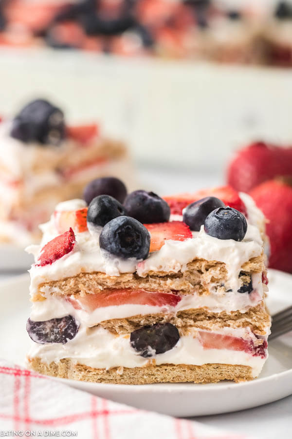 Photo of slice of 4th of July icebox cake on a plate