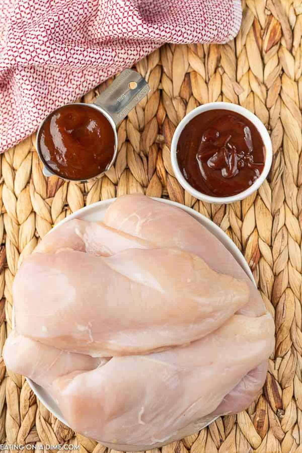 Ingredients needed for this recipe: chicken breast, A1 sauce and barbecue sauce 