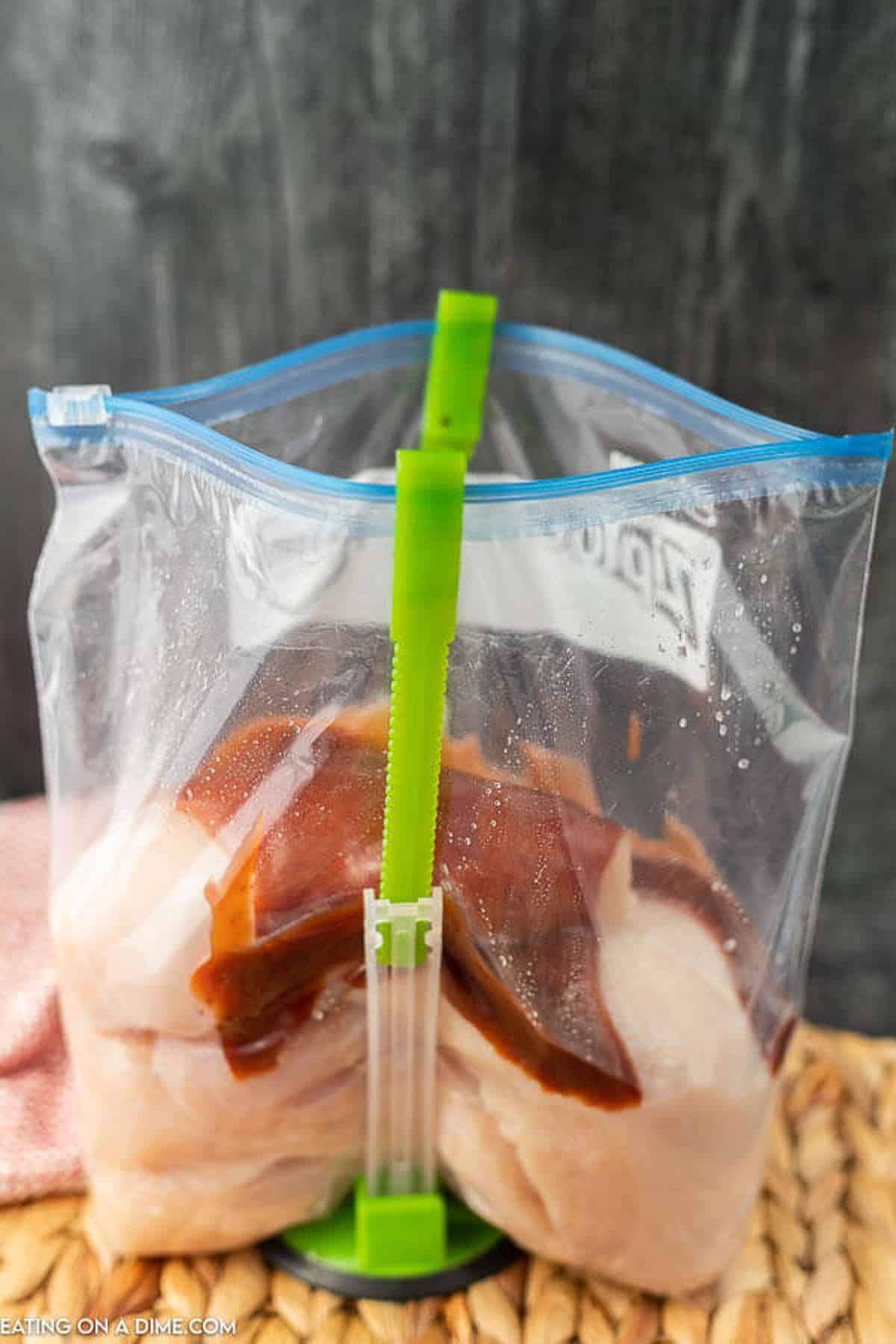 A freezer bag on a freezer bag stand with chicken and the marinade ingredients in the bag with the chicken.  