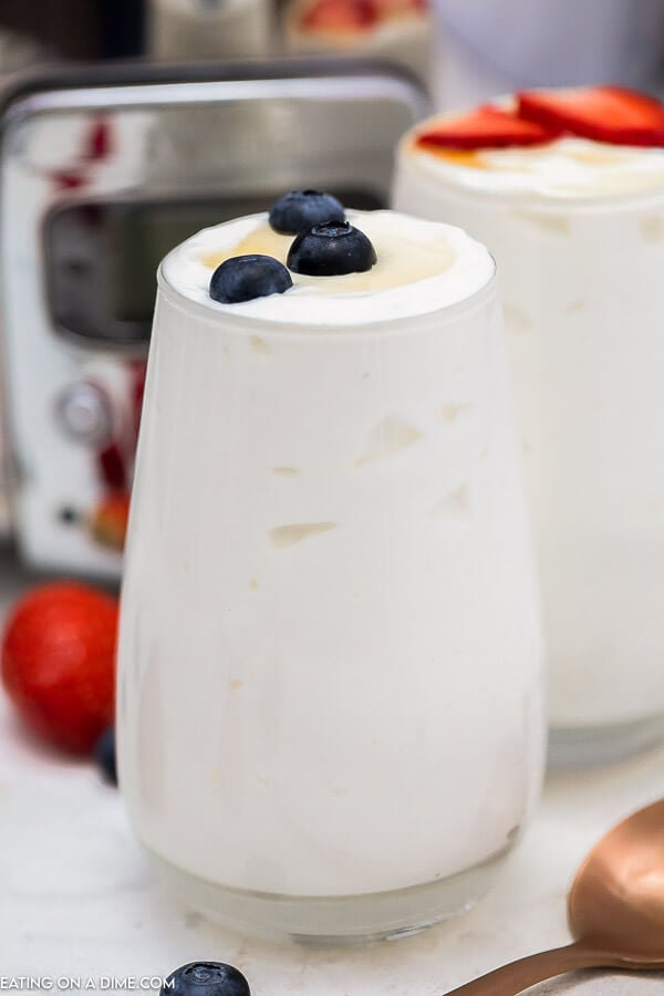 Yogurt in 2 glasses topped with strawberries and blueberries