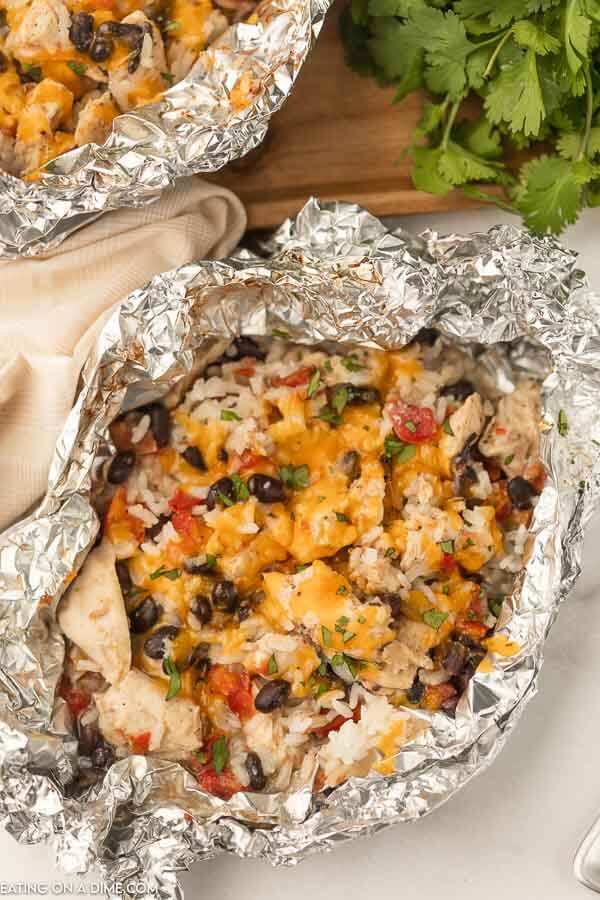 Chicken Enchilada Foil Packet Meal opened on a countertop 