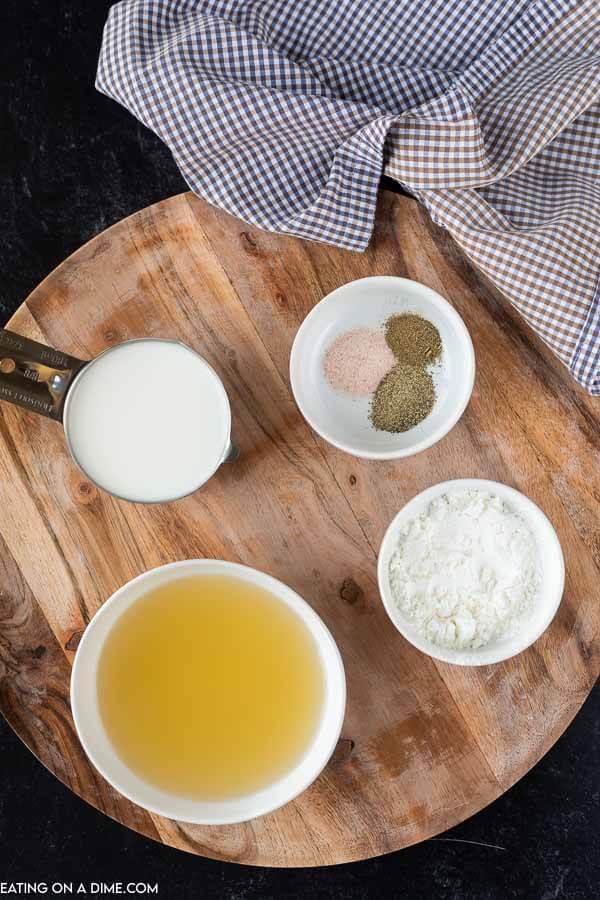 ingredients needed for cream of chicken soup- milk, chicken broth, corn starch 