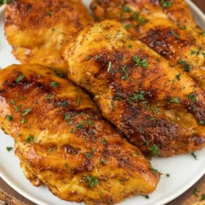 Honey mustard chicken on a plate.