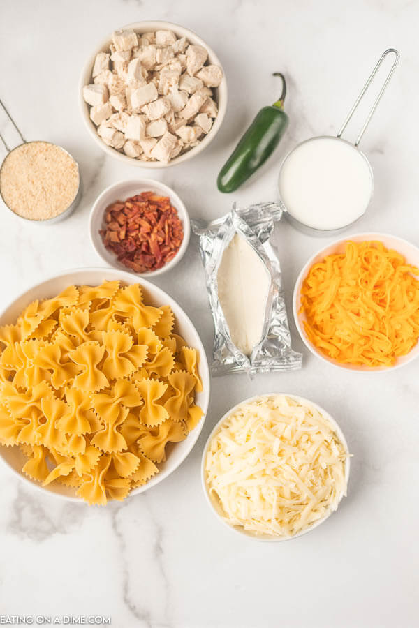 Close up image of ingredients for the Jalapeno Popper Chicken Casserole. 