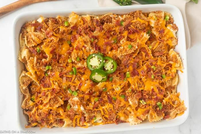 Close up image of a 9x13 pan of jalapeno popper chicken casserole. 