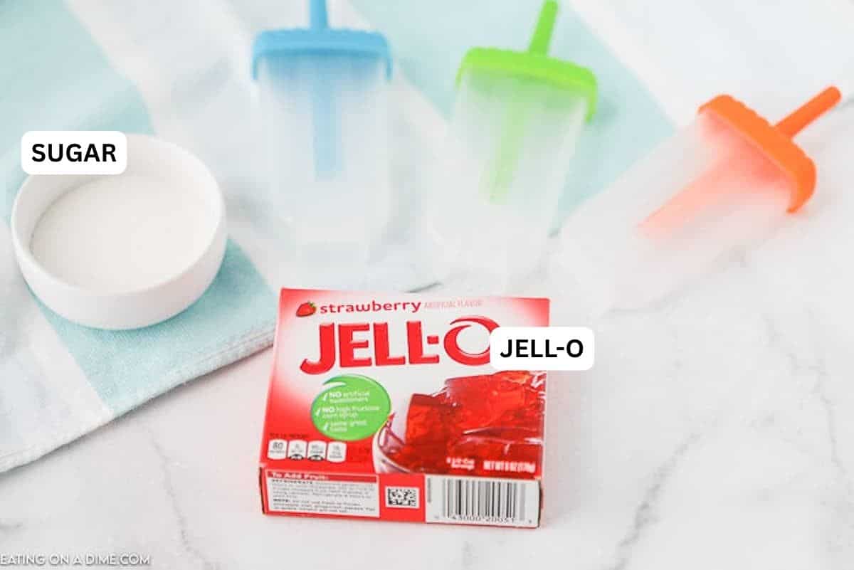 Ingredients for Jell-o Popsicles Ingredients for recipe: jello, sugar and water.