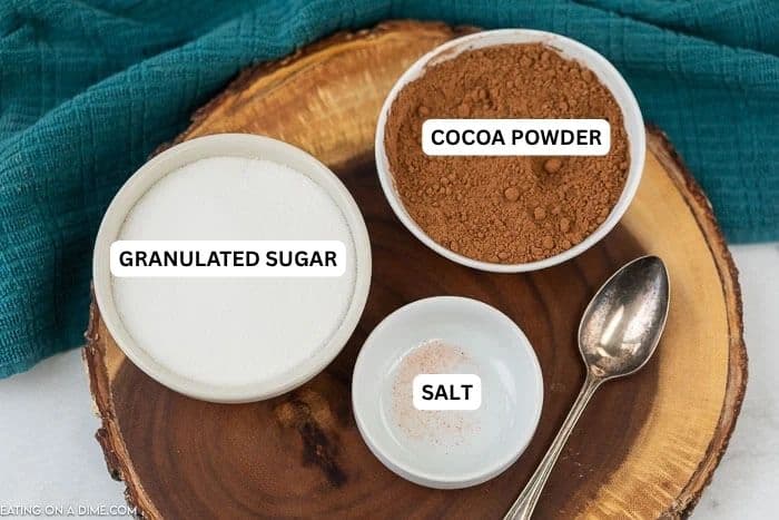 Ingredients for recipe: cocoa powder, sugar and salt.