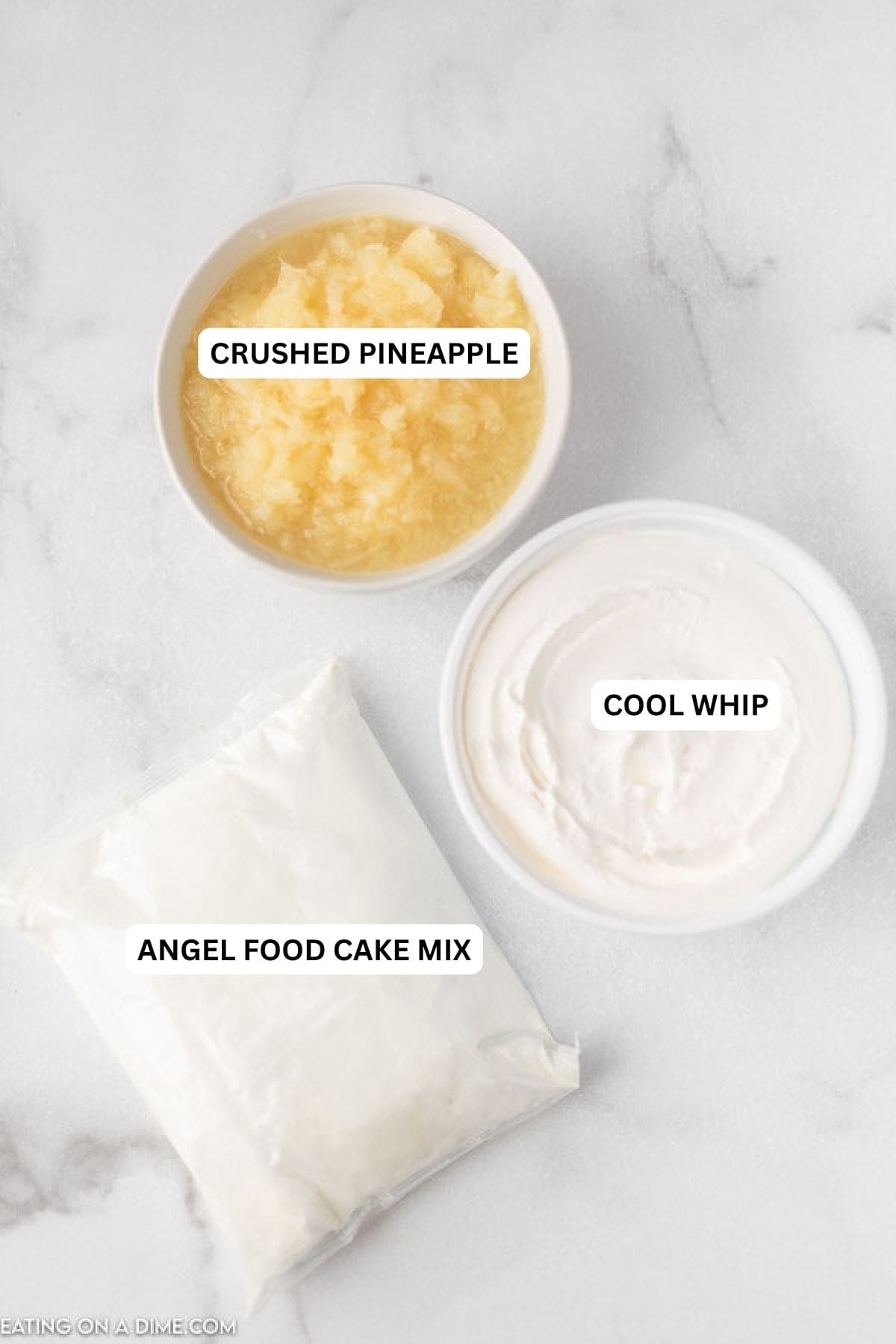 Ingredients for recipe: crushed pineapple, cool whip and angel food cake mix. 