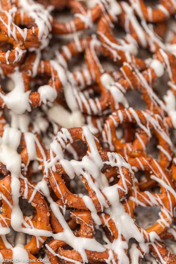 close up photo of white chocolate cinnamon pretzels