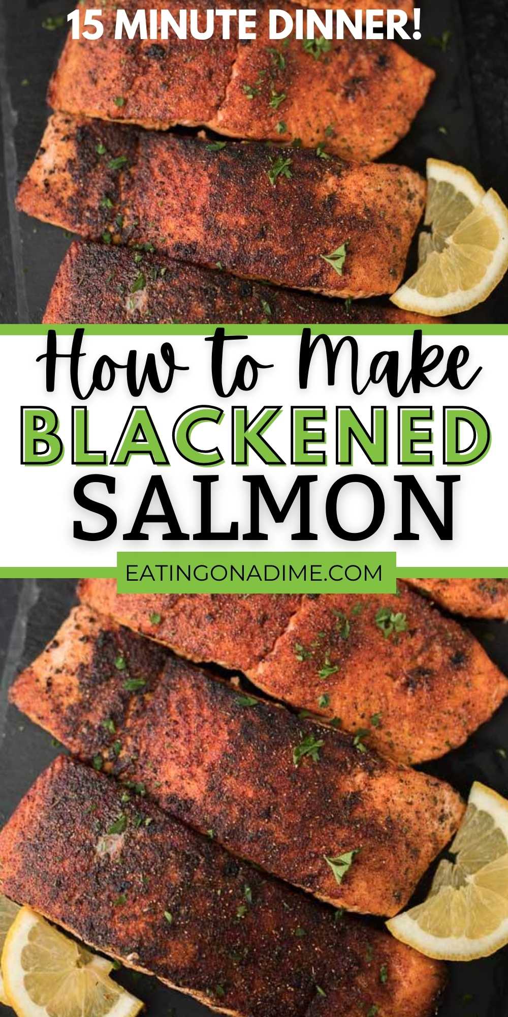 You are going to love this easy blackened salmon recipe that is ready in only 10 minutes. This is the best blackened salmon recipe that is quick and easy. It is the best way to cook salmon! It’s easy to make and delicious too! #eatingonadime #salmonrecipes #seafoodrecipes #blackenedrecipes #stovetoprecipes 
