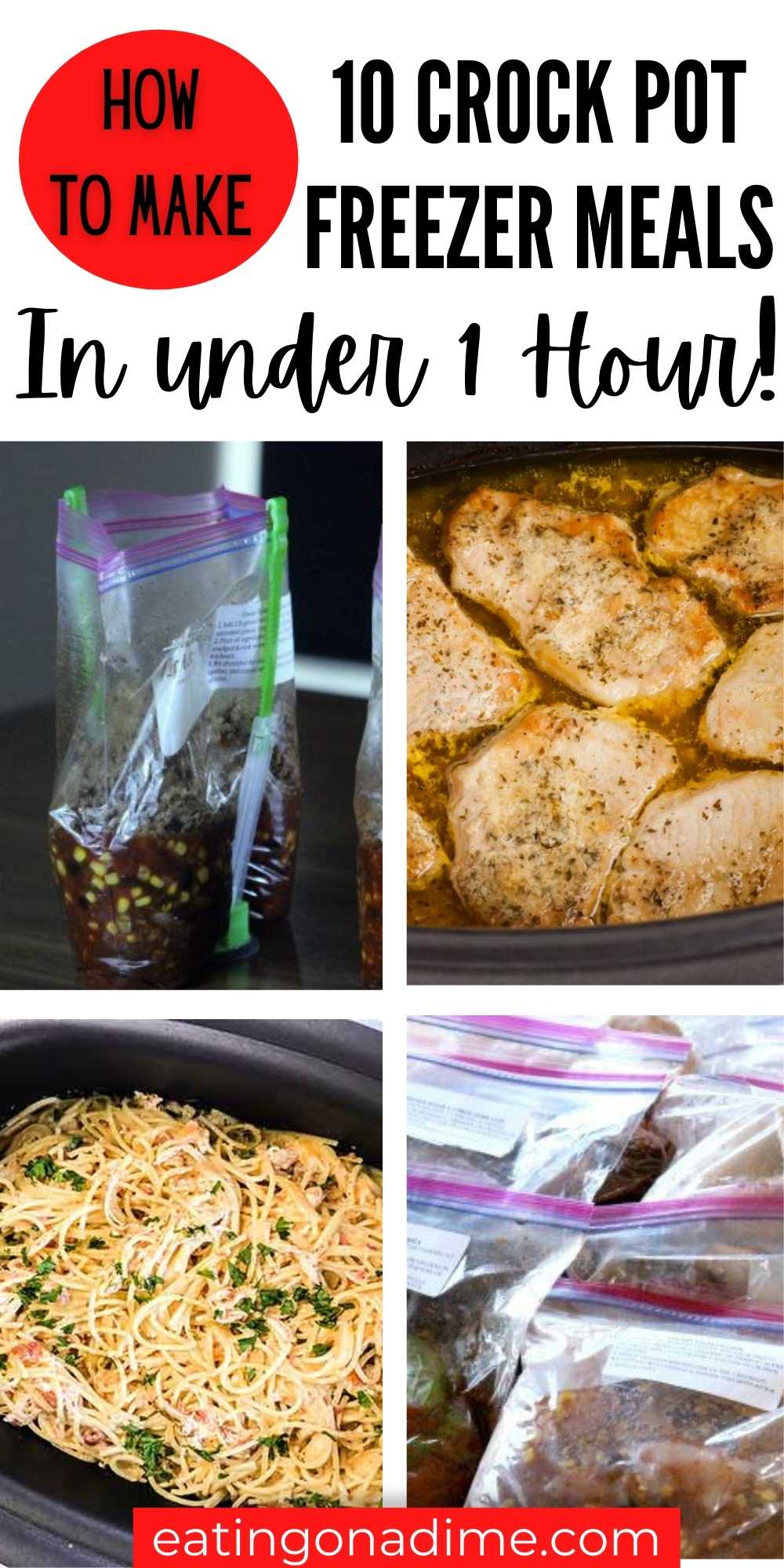 Check out this easy 10 crock pot Make ahead Meals that can easily be made in under 1 hour! These easy Make ahead Meals are easy to make and freeze great. Learn how to make crockpot freezer meals in under 1 hour.  These crock pot freezer meals are easy to make!  #eatingonadime #freezermeals #crockpotrecipes #freezercooking 
