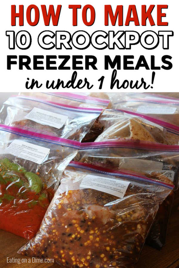 Check out this easy 10 crock pot Make ahead Meals that can easily be made in under 1 hour! These easy Make ahead Meals are easy to make and freeze great. Learn how to make crockpot freezer meals in under 1 hour.  You’ll be surprised how easy it is to make crock pot freezer meals.  #eatingonadime #freezermeals #crockpotrecipes #freezercooking 
