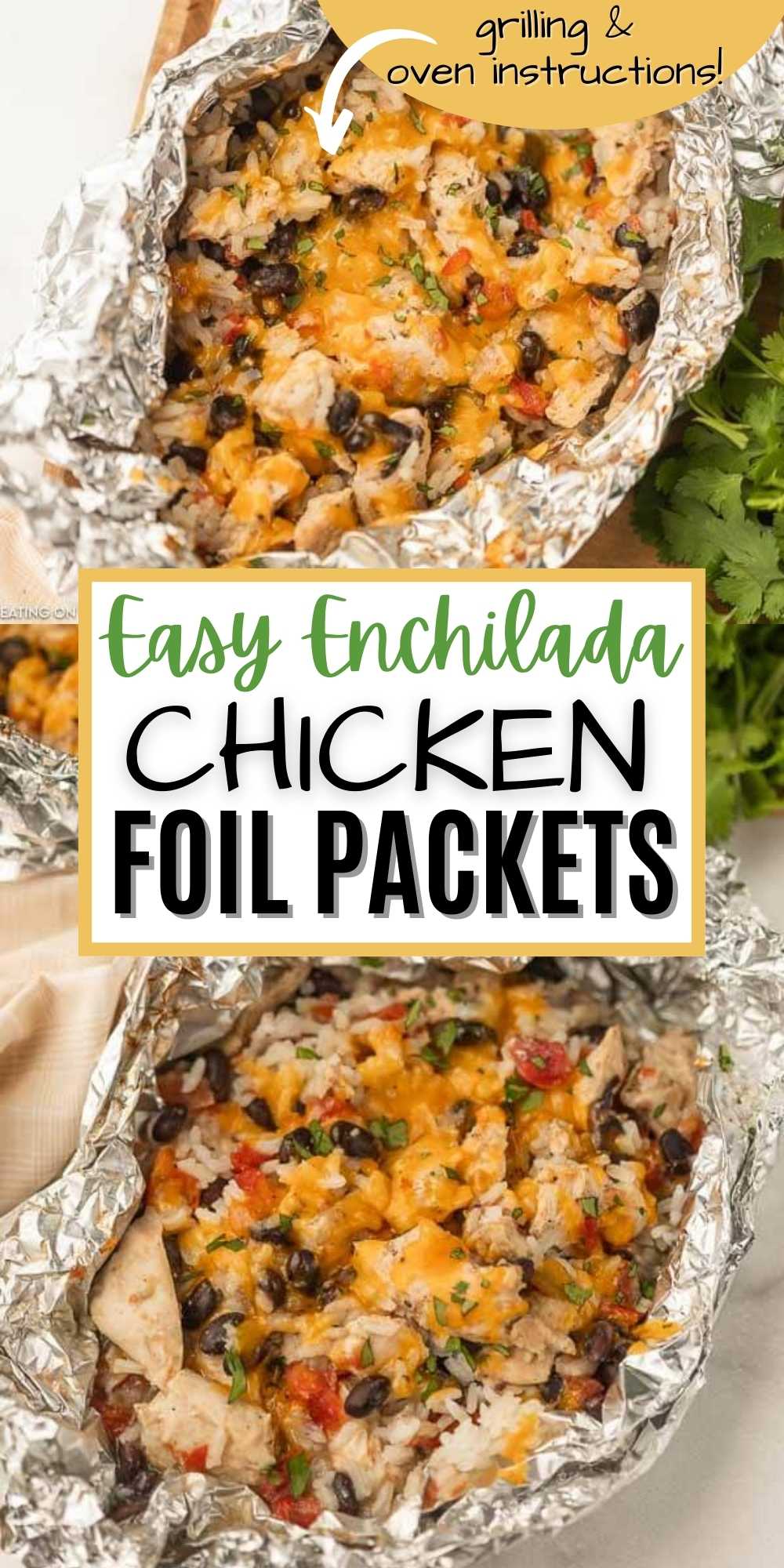 This easy chicken enchilada foil packet meal will be a hit with the entire family! Easy chicken enchilada foil dinner is packed with yummy chicken, cheese, beans and more! Try Easy chicken enchilada foil packet recipe. Cleanup is a breeze too!  #eatingonadime #grillingrecipes #mexicanrecipes #chickenrecipes 
