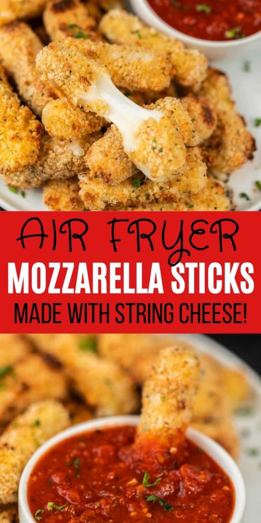 This is the easiest air fryer cheese sticks made in minutes with string cheese!  This homemade air fryer mozzarella sticks recipe is easy to make and delicious too!  Everyone loves air fried mozzarella sticks! #eatingonadime #airfryerrecipes #mozzarellasticksrecipes #cheesesticksrecipes 
