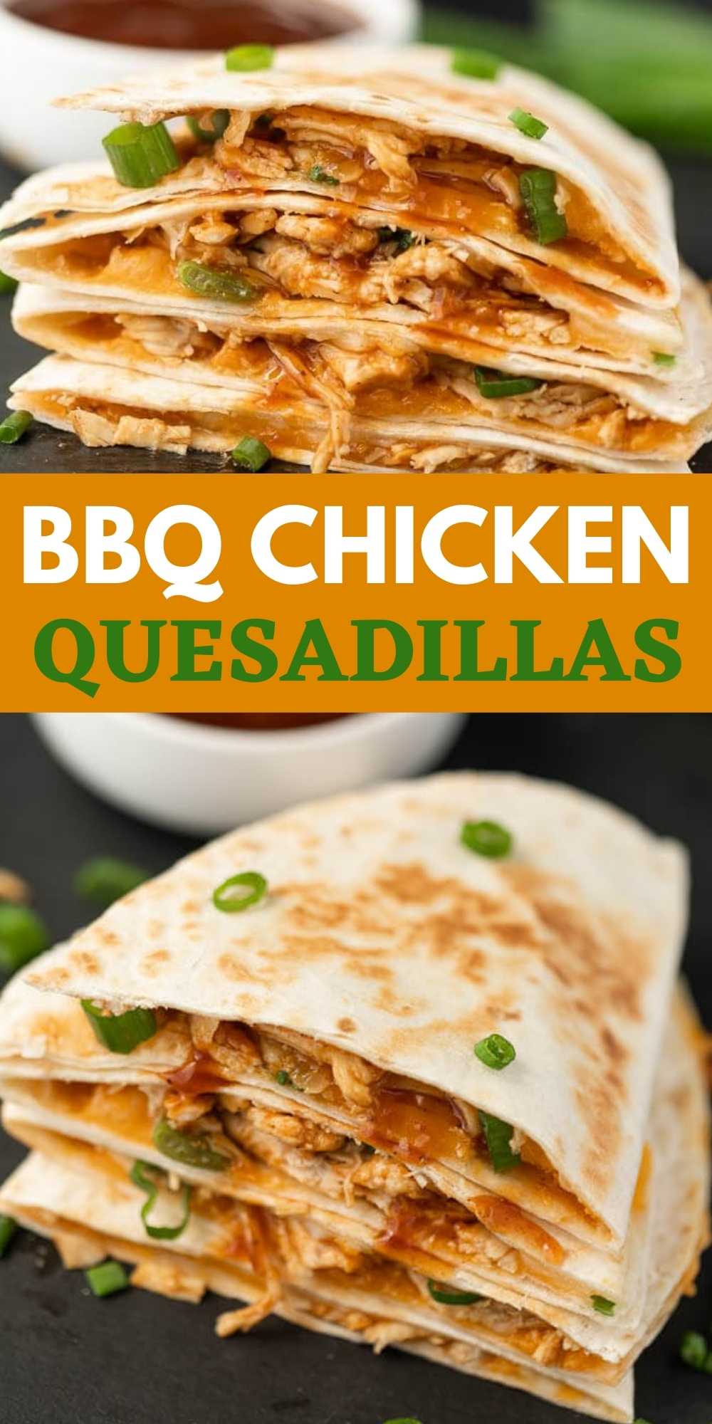 BBQ Chicken Quesadillas are easy to make and delicious too! Stuffed with shredded chicken, lots of cheese, and BBQ sauce they’ll be a hit at any party or with your next family dinner! #eatingonadime #chickenrecipes #easyrecipes #quesadillarecipes 
