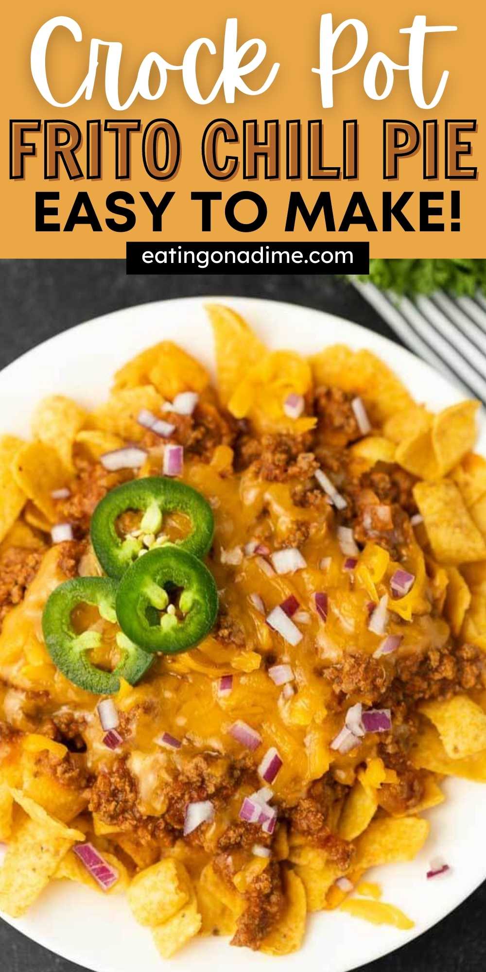 From Game Day to family dinner, Crock Pot Frito Chili Pie Recipe is versatile and delicious. Try this easy Slow Cooker Frito Pie recipe to feed a crowd. You are going to love this simple to make crockpot Frito chili pie recipe.  #eatingonadime #crockpotrecipes #beefrecipes #slowcookerrecipes 
