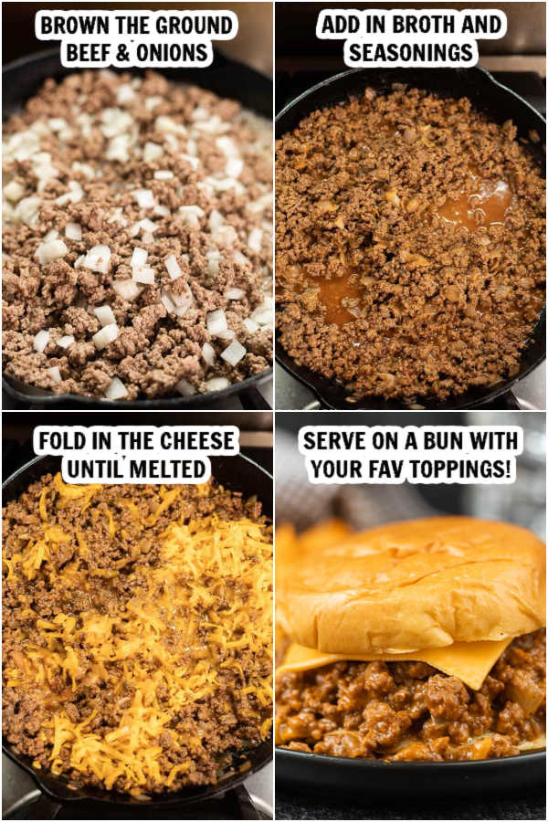 4 pictures.  1st picture: brown ground beef and onion, 2nd picture: add in broth and seasoning, 3rd picture: fold in the cheese until melted, 4th picture: serve on a bun with your favorite toppings.
