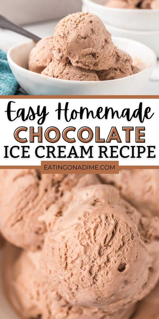 You are going to love this super easy to make no churn chocolate ice cream recipe recipe.  This easy chocolate ice cream recipe is simple to make with only 4 ingredients including condensed milk.  You will love this easy no churn homemade chocolate ice cream recipe.  #eatingonadime #icecreamrecipes #summerrecipes #chocolaterecipes 