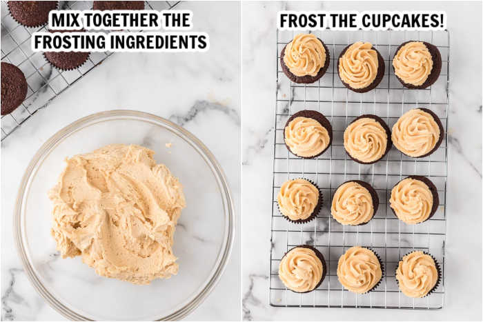 Image of the process of making the frosting and frosting the cupcakes. 