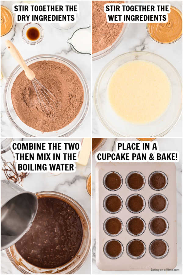 Images of the process of making the chocolate cupcakes.