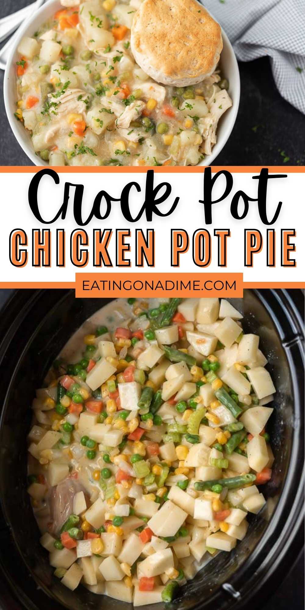 The Best Crock pot Chicken Pot Pie Recipe. You are going to love this easy chicken pot pie recipe with biscuits. It is our favorite crock pot recipe that is a family favorite! #eatingonadime #crockpotrecipes #slowcookerrecipes #chickenrecipes #chickenpotpie 
