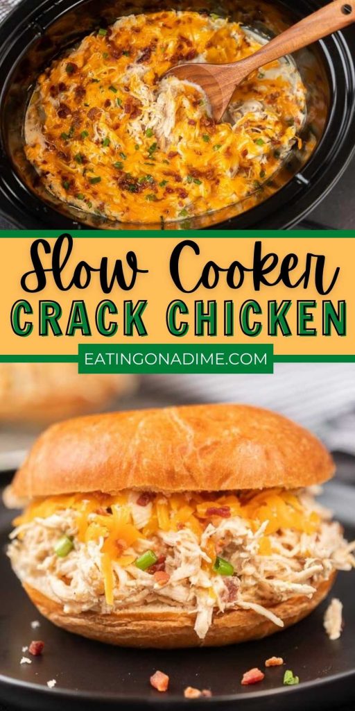Slow Cooker Crack Chicken Recipe is comfort food in every bite. The cream cheese blended with the ranch and bacon make Crock Pot Crack Chicken amazing. You will love this easy to make crack chicken recipe! #eatingonadime #crockpotrecipes #slowcookerrecipes #chickenrecipes 
