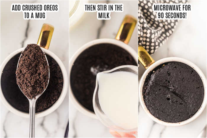 photos of making mug cake and adding ingredients to the mug