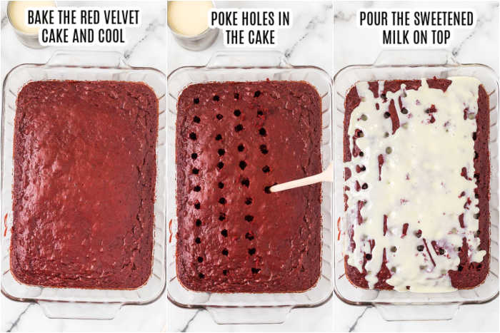 Red velvet cake with holes all over and sweetened condensed milk being poured on top. 