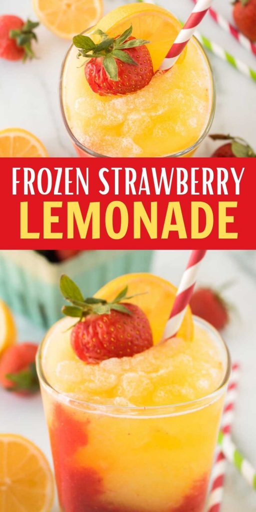 Here is one of my favorite Summer Drink Recipes. Frozen Strawberry Lemonade!This frozen strawberry lemonade slushy recipe is easy to make with only 5 ingredients and is packed with tons of flavor.  You are going to love this easy summer drink recipe.  #eatingonadime #drinkrecipes #summerrecipes 

