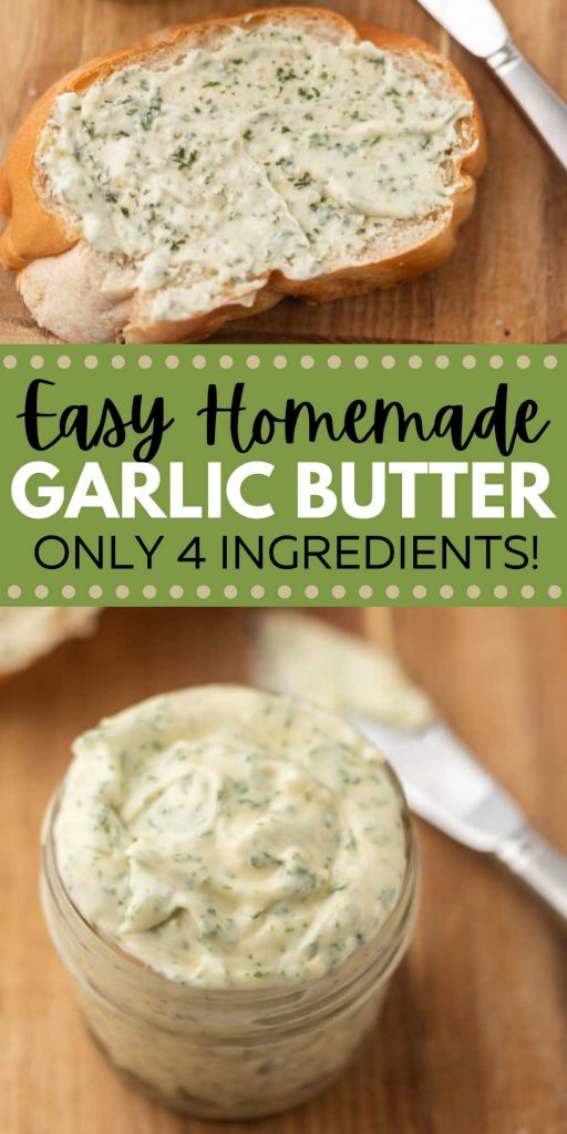 You are going to love this easy homemade garlic butter recipe that is perfect for bread or for steak.  This easy recipe only requires 4 ingredients and makes the best garlic bread ever!  You are going to love this garlic butter recipe! #eatingonadime #butterrecipes #garlicrecipes 
