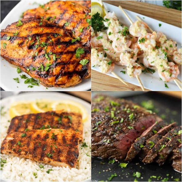 4 Photos of grilling recipe - grilled chicken, grilled shrimp, grilled mahi mahi and grilled London Broil 