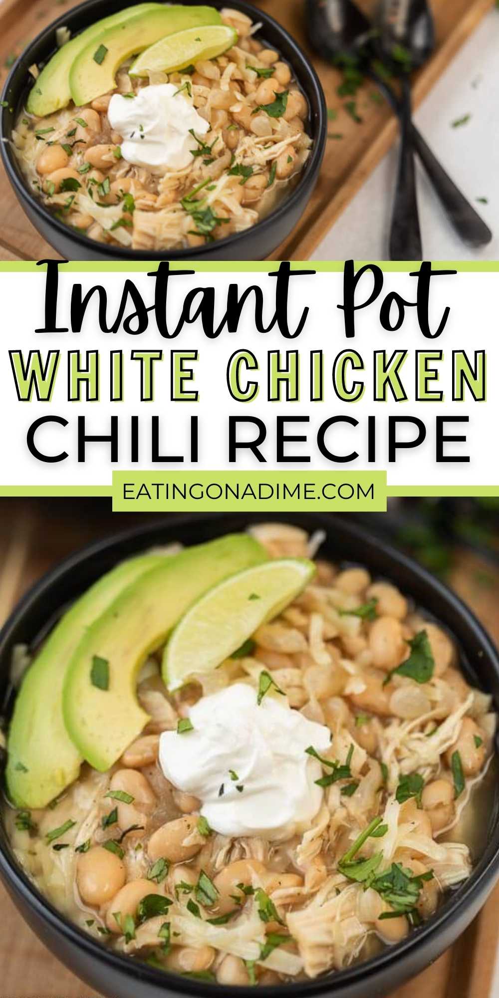 Try this twist on traditional chili with Instant Pot White Chicken Chili Recipe. We love this Pressure Cooker White Bean Chicken Chili Recipe full of northern beans, salsa verde and more! White Chicken Chili Pressure Cooker Recipe is quick and easy plus healthy too! #eatingonadime #instantpotrecipes #chickenrecipes #chilirecipes #pressurecookerrecipes 
