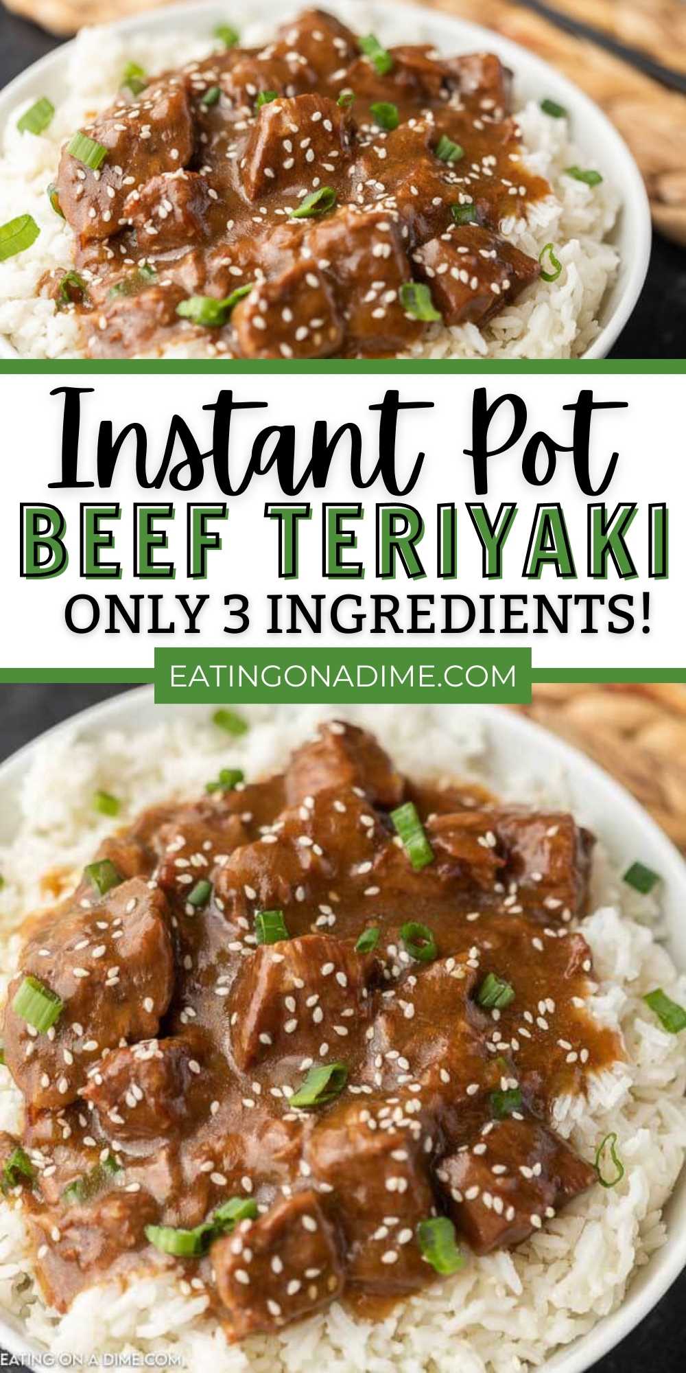 Turn inexpensive beef into tender and flavor packed Instant pot beef teriyaki recipe. Skip take out and make this easy teriyaki beef and rice instead.  You’re going to love this pressure cooker teriyaki beef tips.  This is the easiest way to enjoy stir fry! #eatingonadime #instantpotrecipes #beefrecipes #pressurecookerrecipes 
