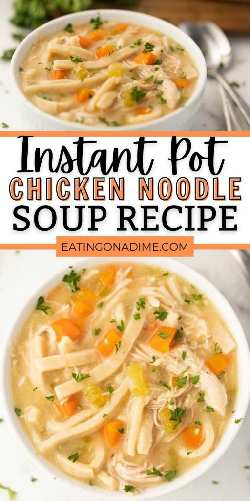 You are going to love this Instant Pot Chicken Noodle Soup Recipe. It is the best chicken noodle soup recipe! Easy Chicken Noodle Soup Instant Pot Recipe. This homemade chicken noodle soup is easy to make thanks to the pressure cooker! #eatingonadime #instantpotrecipes #souprecipes #pressurecookerrecipes 
