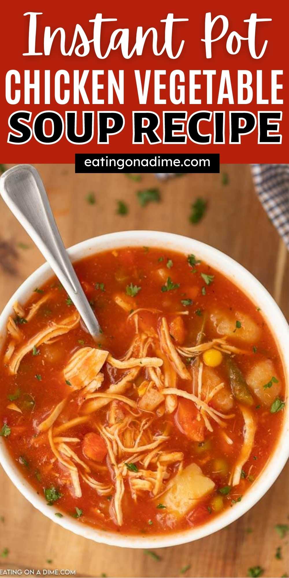 Instant pot Chicken Vegetable soup recipe is the perfect soup for a cold day. Cooking the pressure cooker chicken vegetable soup is so easy! You are going not love this easy to make, homemade and healthy instant pot chicken vegetable soup recipe! #eatingonadime #instantpotrecipes #chickenrecipes #souprecipes 
