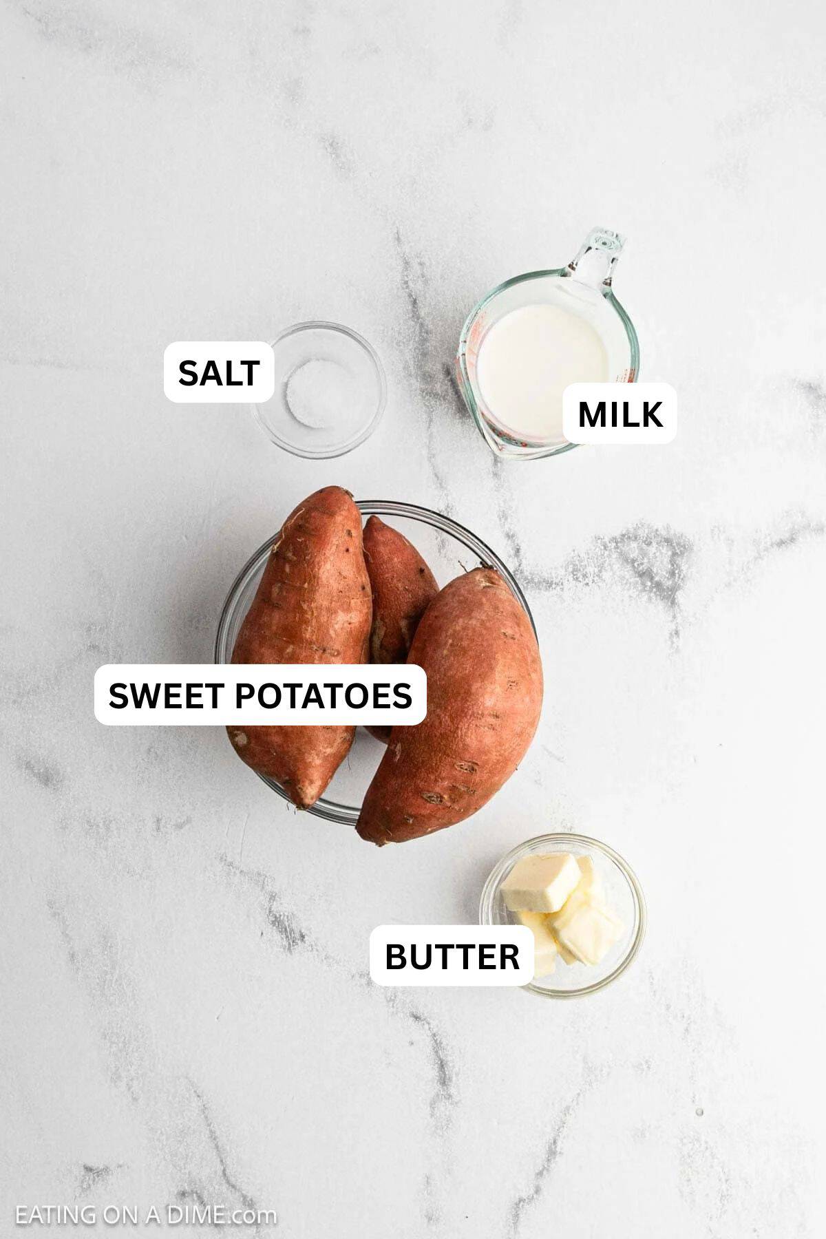 Ingredients needed for this recipe includes sweet potatoes, butter, salt, and milk.