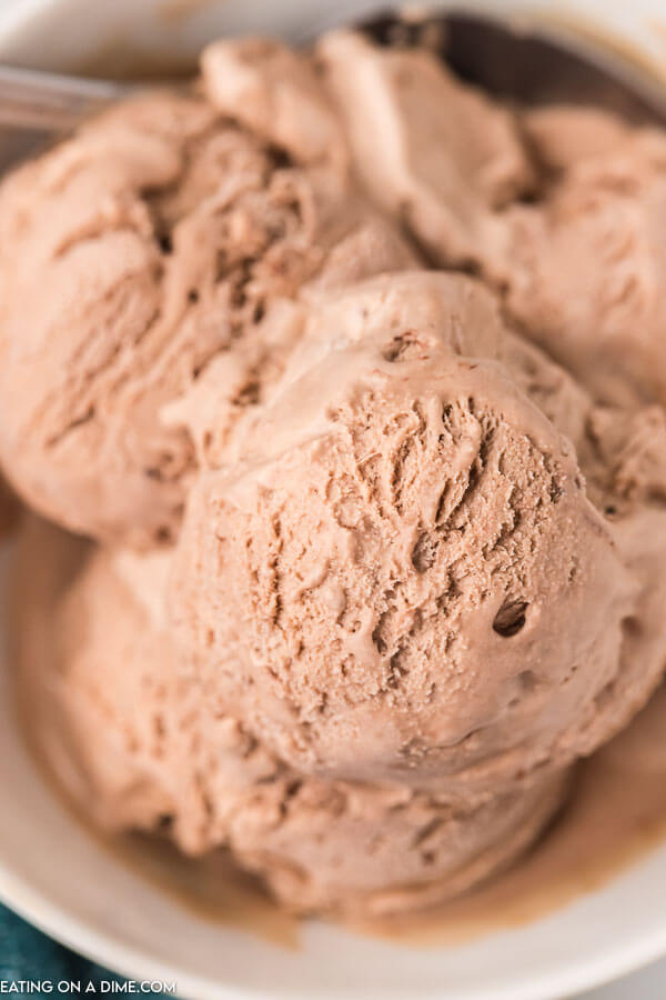 Close up of scoops of chocolate ice cream in a bowl. 