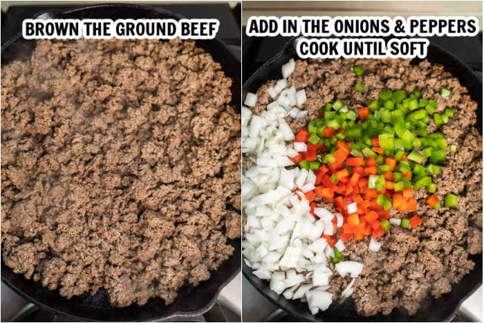 2 Photos showing how to make this recipe.  The 1st photo is ground beef being browned in a cast iron pan.  The second photo is once the peppers and onions have been added to the pan 