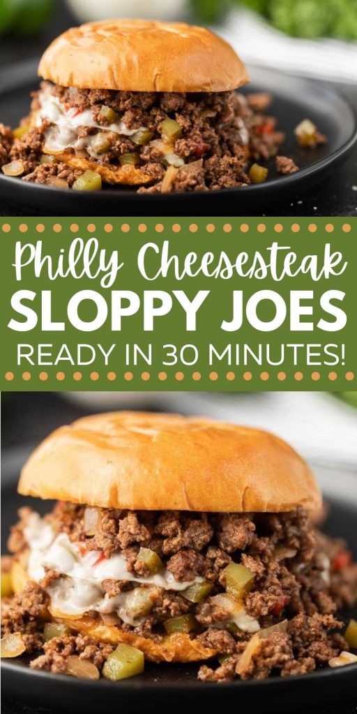 Try this Easy Philly Cheesesteak sloppy joes recipe for a quick dinner ready in 30 minutes! Everyone will love cheesesteak style sloppy joes. The onions, peppers and cheese are so good! Philly cheese steak sloppy joes are so simple and cheap to make. Make this Philly cheesesteak sloppy joe recipe today! Includes stovetop and crock pot recipe! #eatingonadime #sloppyjoes #stovetoprecipes #crockpotrecipes 
